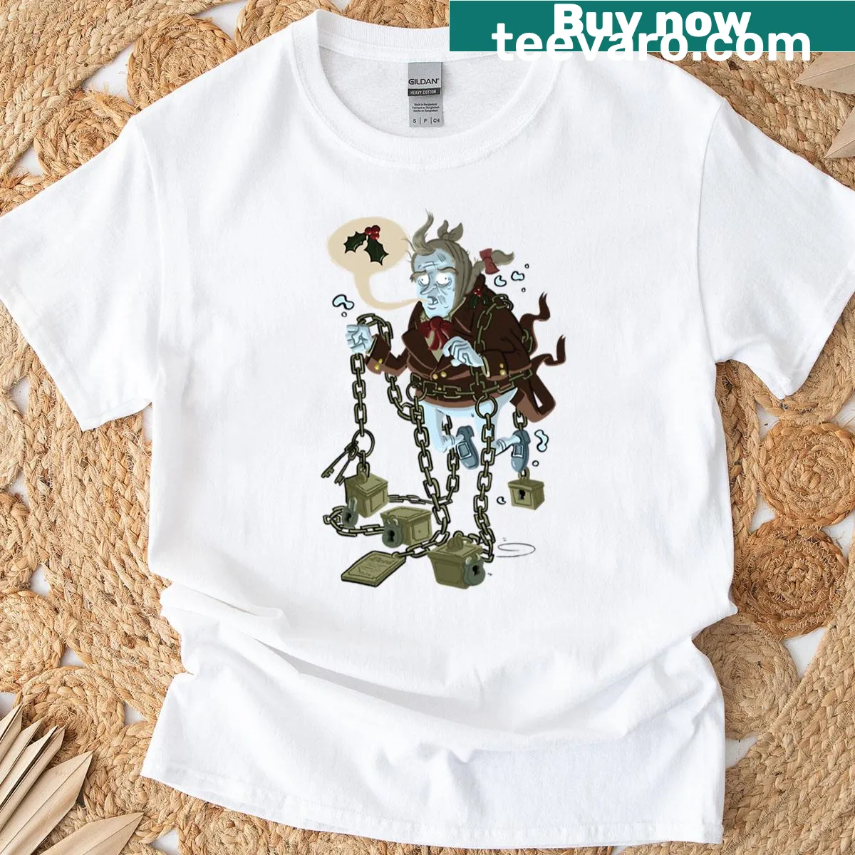 Illustrative T-shirt featuring Jacob Marley from A Christmas Carol — on a men's t-shirt