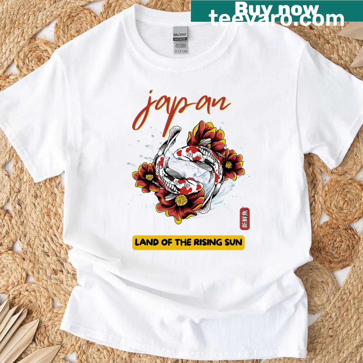 Traditional Japanese koi fish art shirt with wave design — on a men's t-shirt
