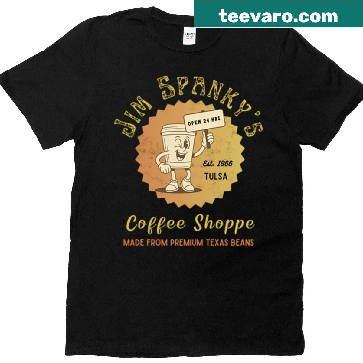Coffee-themed T-shirt featuring 'Jim Spankys Coffee Shoppe' design — on a men's t-shirt