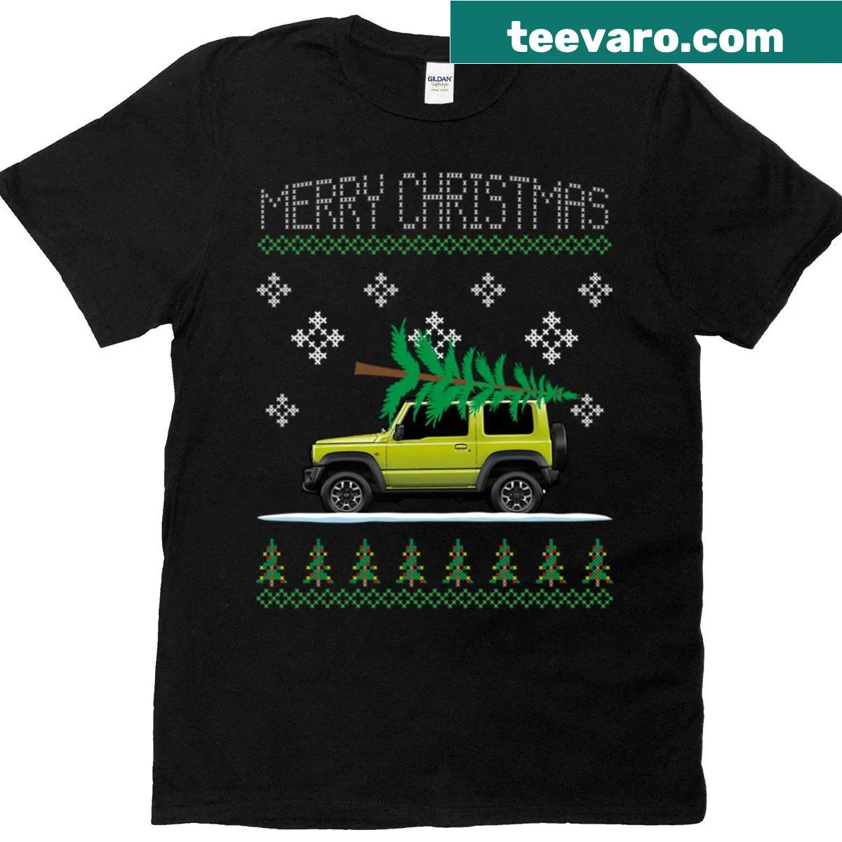Illustrative Jimny car in a snowy Christmas scene — on a men's t-shirt