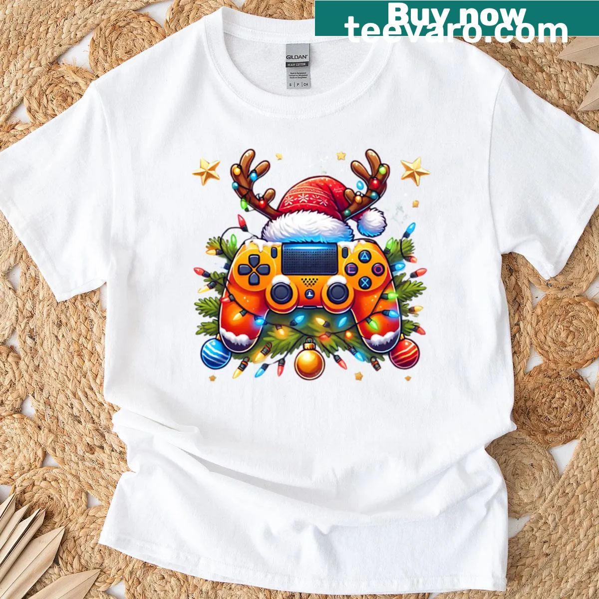 Gaming controller design with festive elements on a t-shirt — on a men's t-shirt