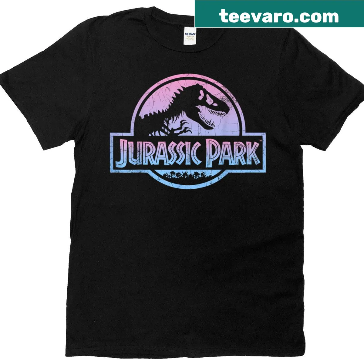Distressed logo T-shirt inspired by Jurassic Park with gradient colors. — on a men's t-shirt