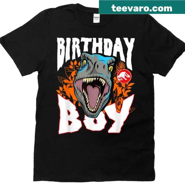 Jurassic World birthday t-shirt with a roaring velociraptor graphic