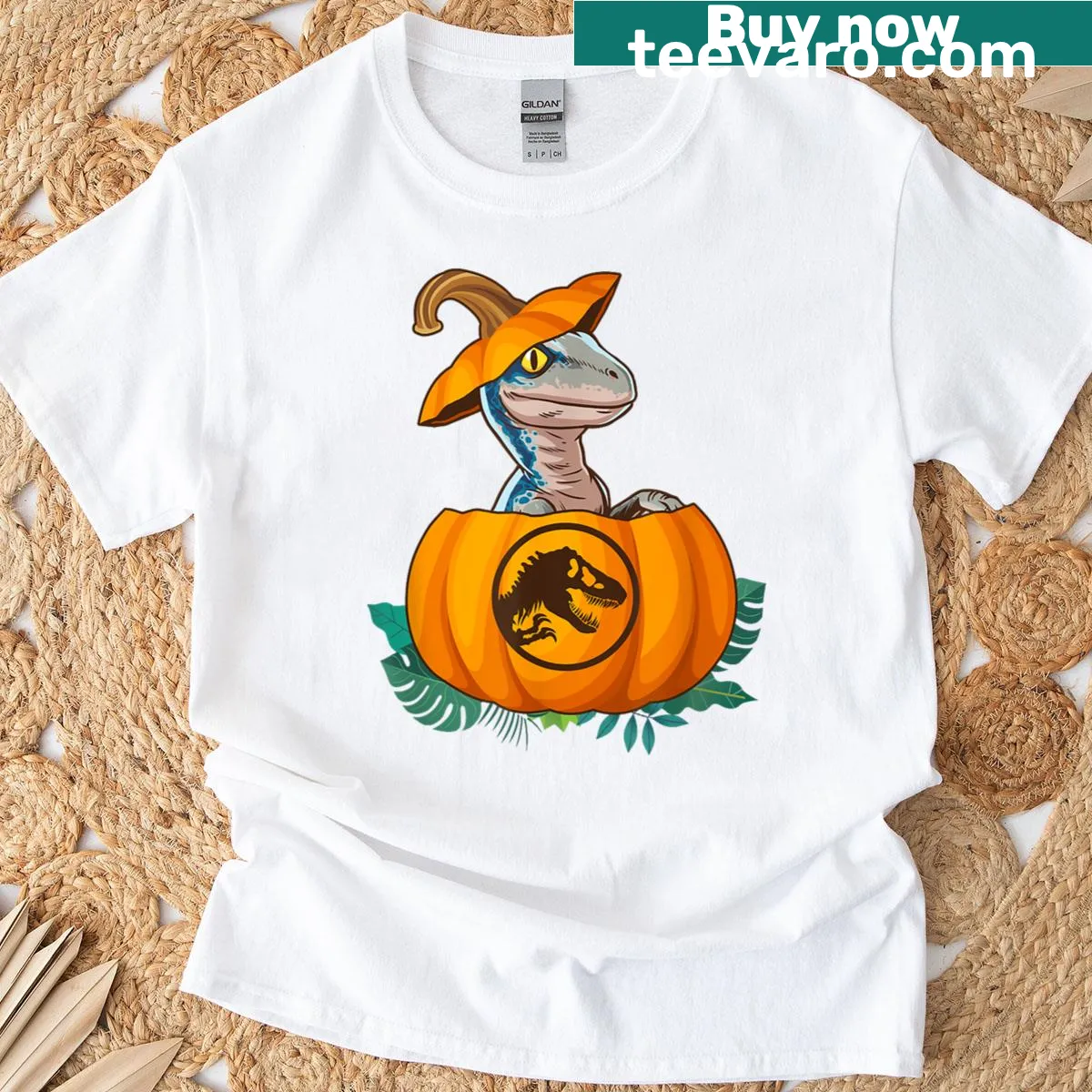 Jurassic World Halloween shirt featuring a dinosaur pumpkin logo — on a men's t-shirt