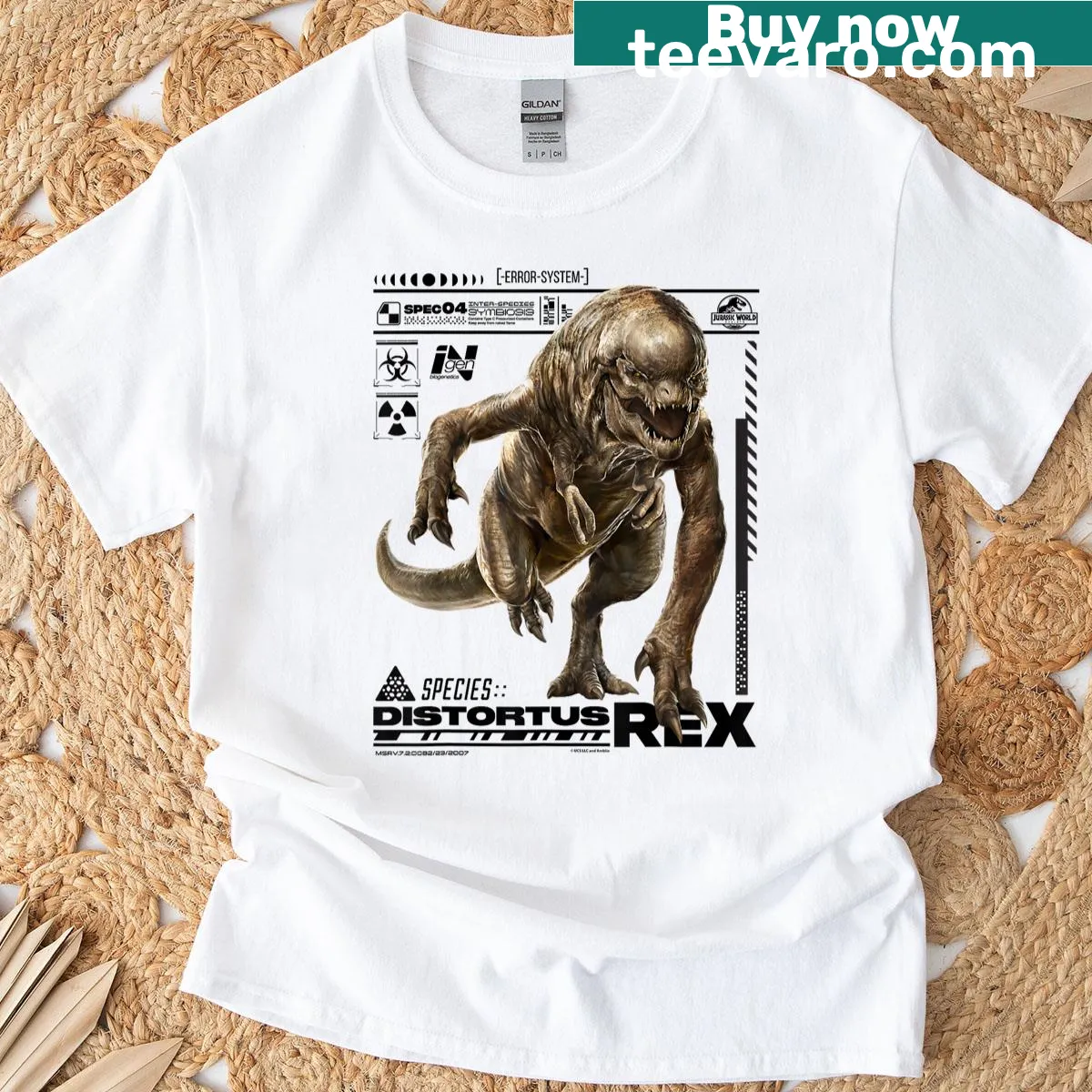 Illustration of Distortus Rex from Jurassic World species file on t-shirt — on a men's t-shirt