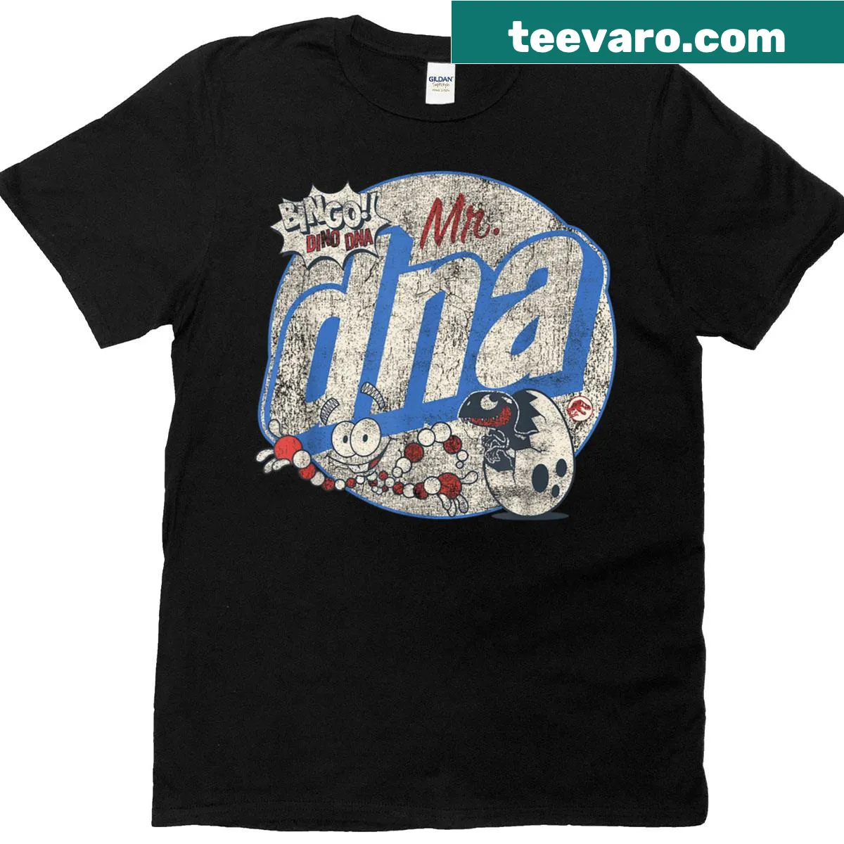 Vintage Jurassic World shirt with Mr. DNA graphic — on a men's t-shirt
