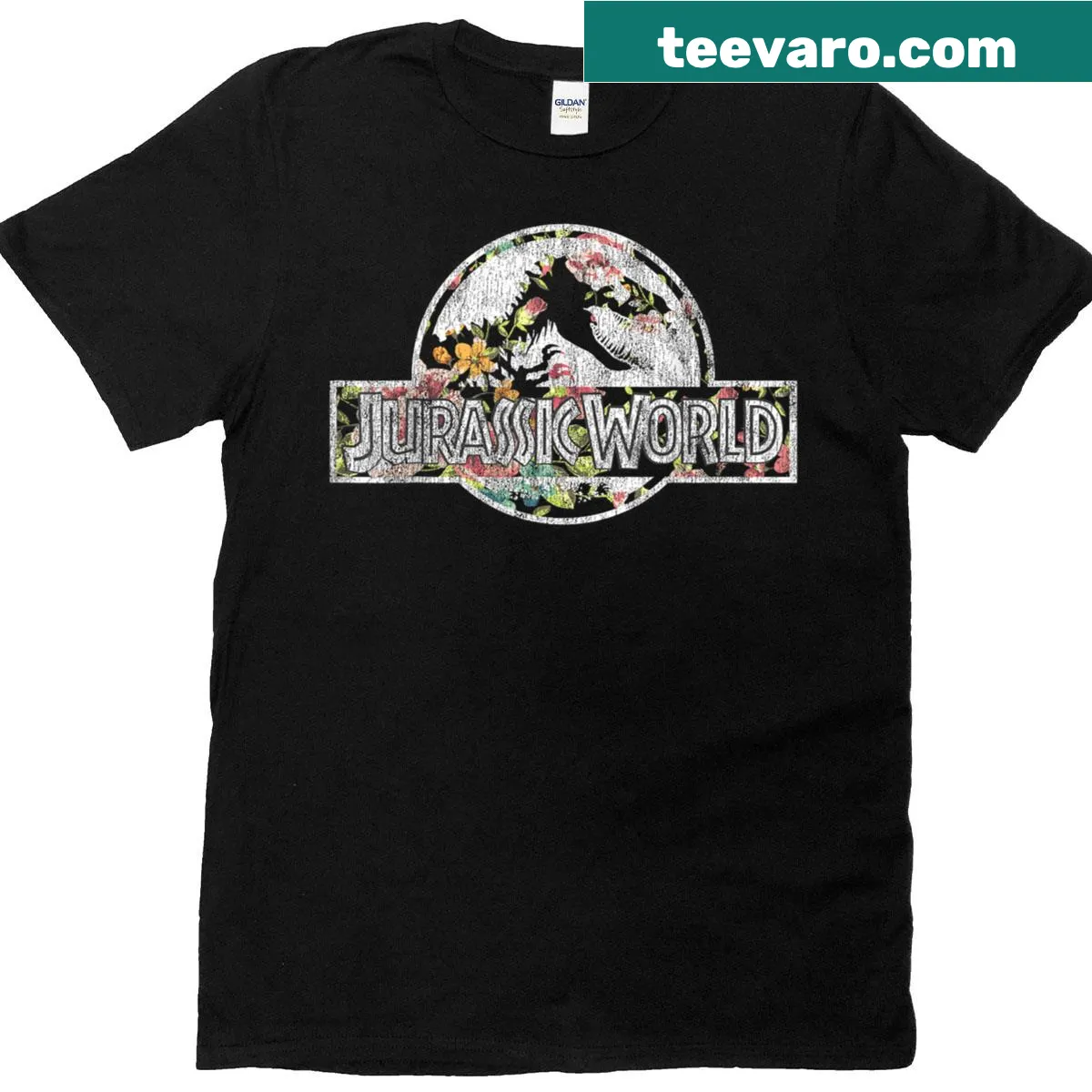 Vintage rose floral logo on Jurassic World t-shirt — on a men's t-shirt