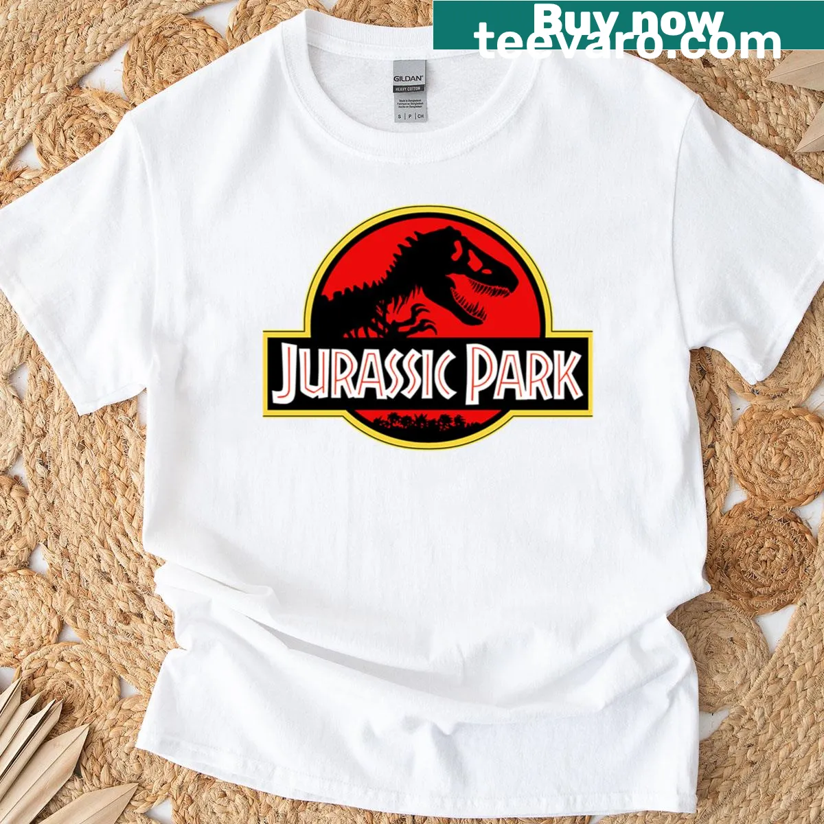 Jurassic Park themed graphic t-shirt — on a men's t-shirt