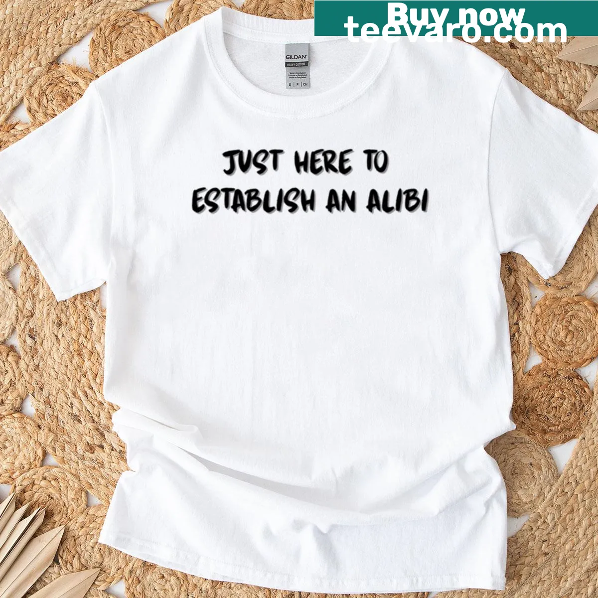 Funny alibi setup quote t-shirt — on a men's t-shirt