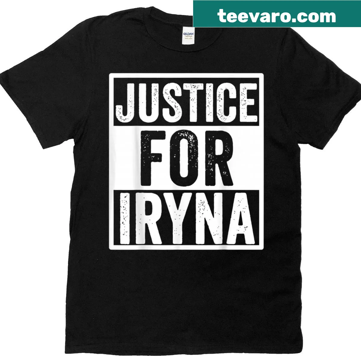Humorous typography design with the phrase 'Justice For Iryna' — on a men's t-shirt