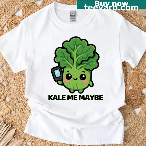 Cute kawaii kale graphic with the pun 'Kale Me Maybe'