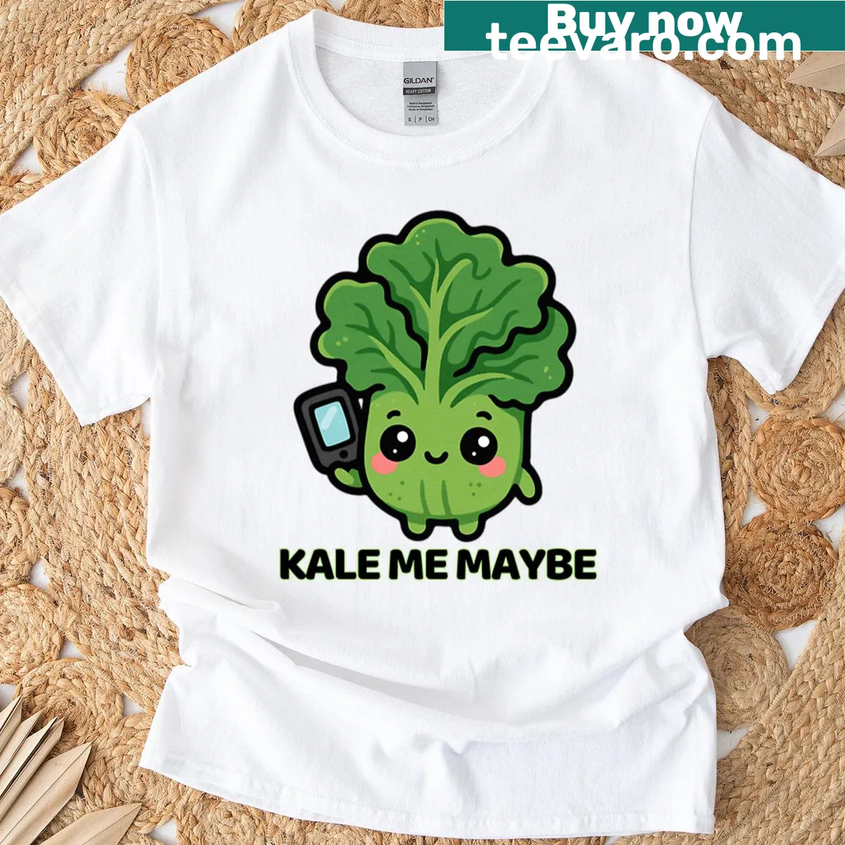 Cute kawaii kale graphic with the pun 'Kale Me Maybe' — on a men's t-shirt