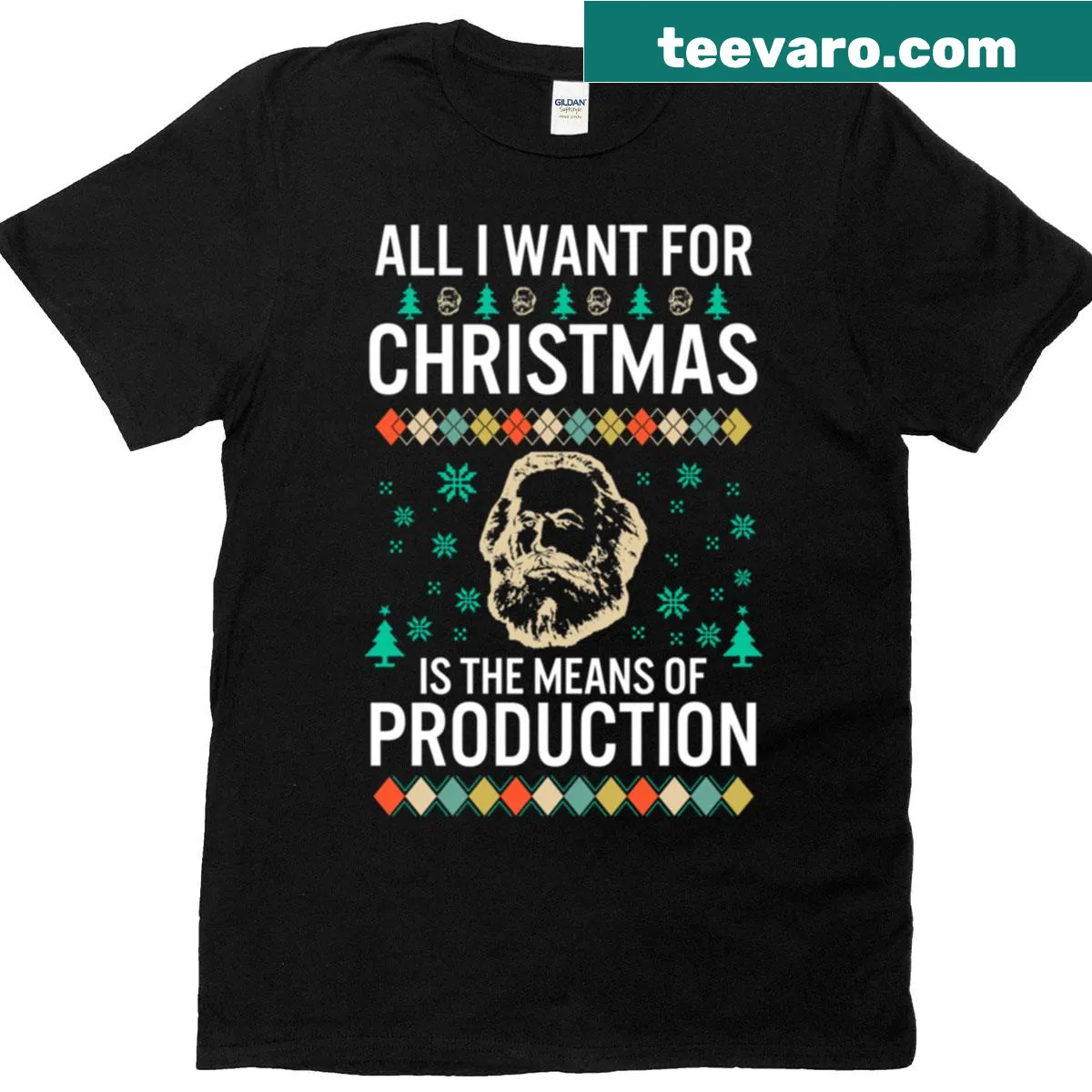 Ugly Christmas t-shirt with Marxist theme — on a men's t-shirt