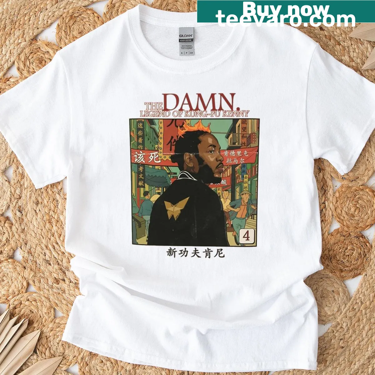 Kendrick Lamar-themed t-shirt featuring kung fu illustration — on a men's t-shirt