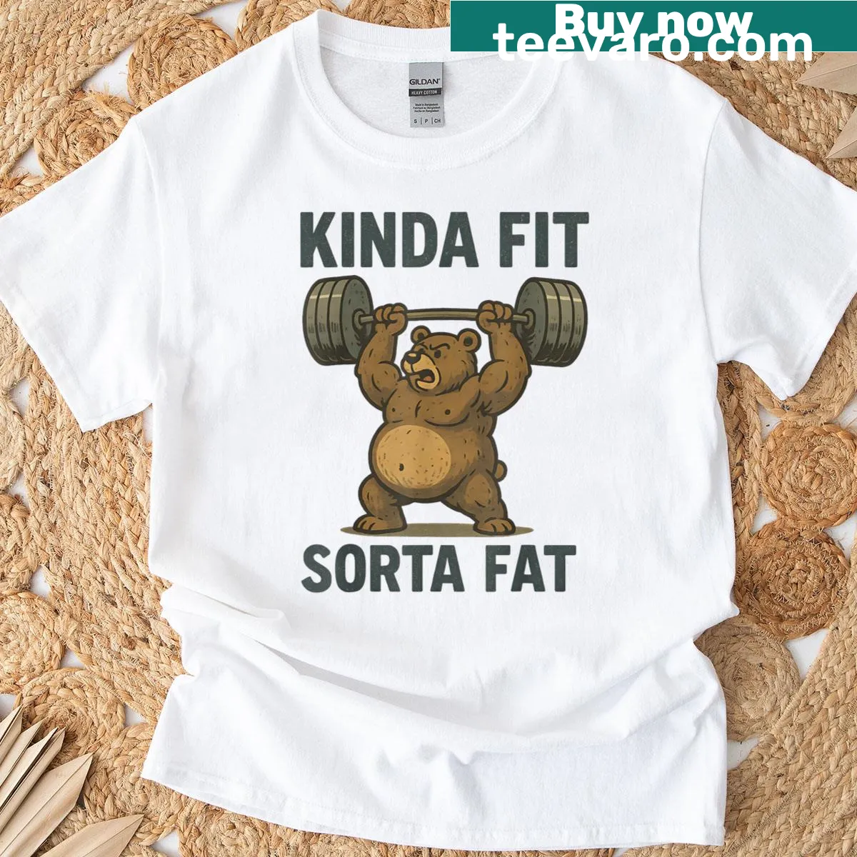 Funny gym bear graphic with 'Kinda Fit Sorta Fat' text — on a men's t-shirt