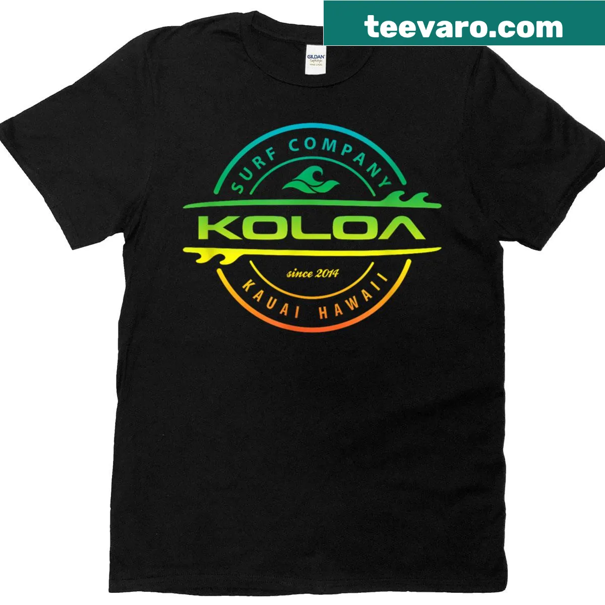 Koloa Surf thruster logo in a badge-emblem style on a T-shirt — on a men's t-shirt