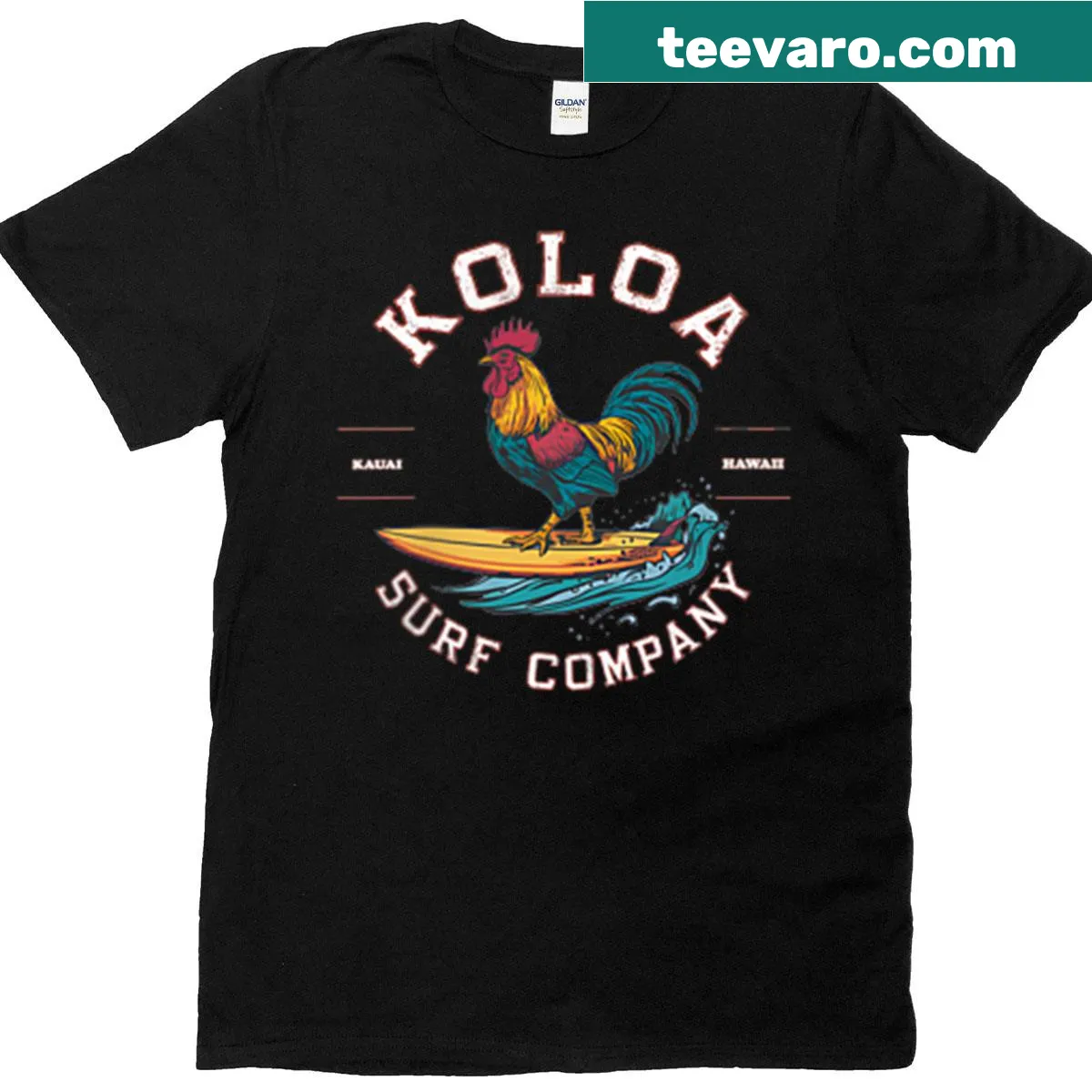 Surfer rooster logo graphic t-shirt for beach lovers — on a men's t-shirt