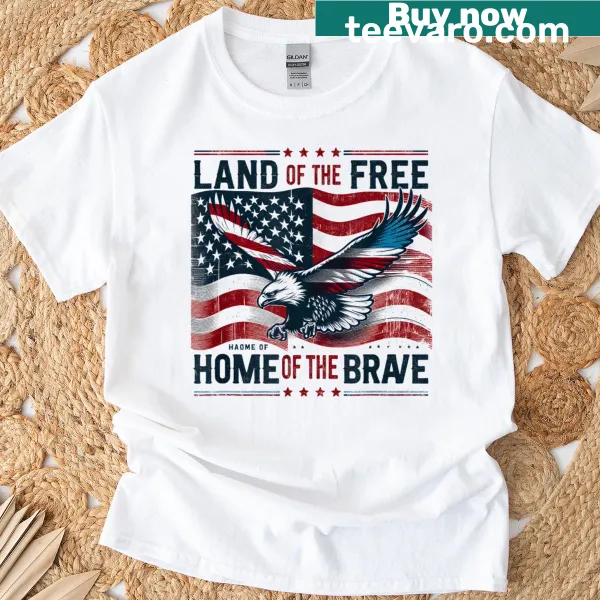 Patriotic vintage t-shirt with 'Land Of The Free Home Of The Brave' text