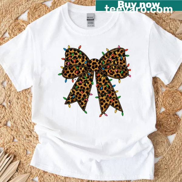 Leopard print holiday t-shirt with coquette bow and Christmas lights