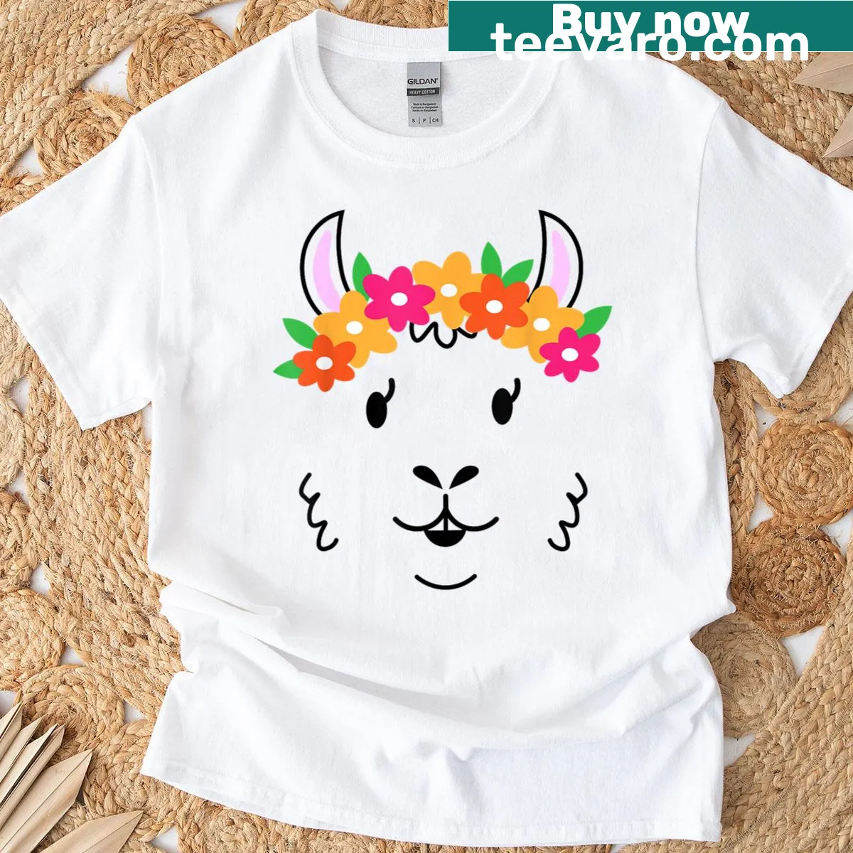 Illustrated llama face with wreath and flowers on a T-shirt — on a men's t-shirt