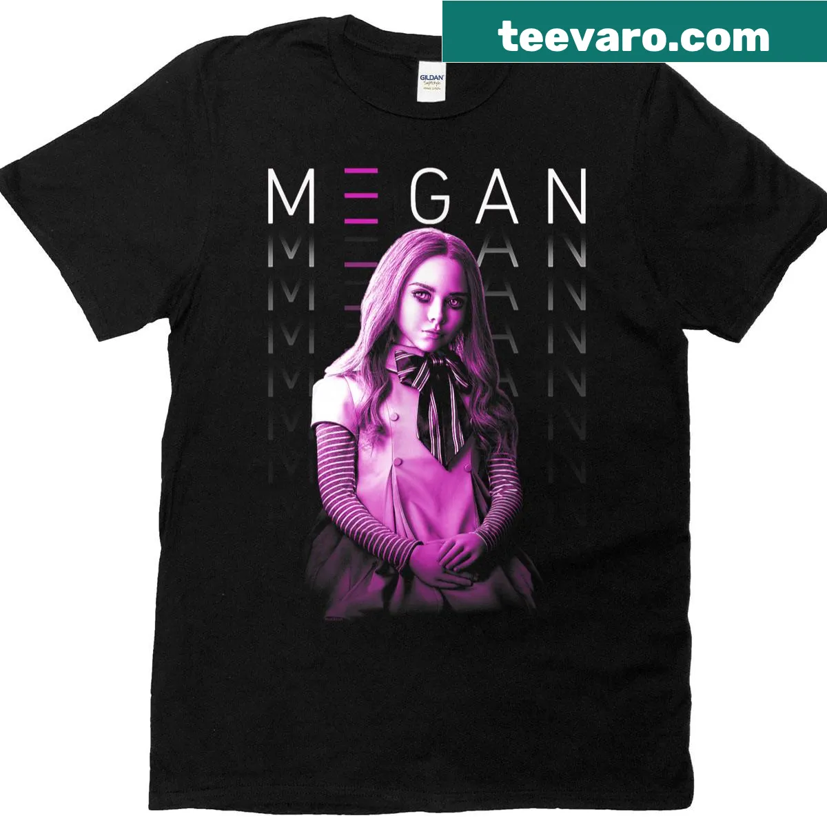 M3gan logo t-shirt featuring repetitive logo design — on a men's t-shirt