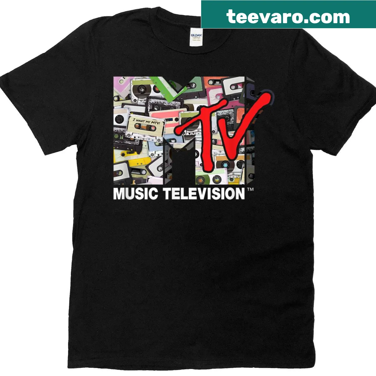 Vintage-inspired 80s T-shirt with cassette tapes and MTV logo — on a men's t-shirt