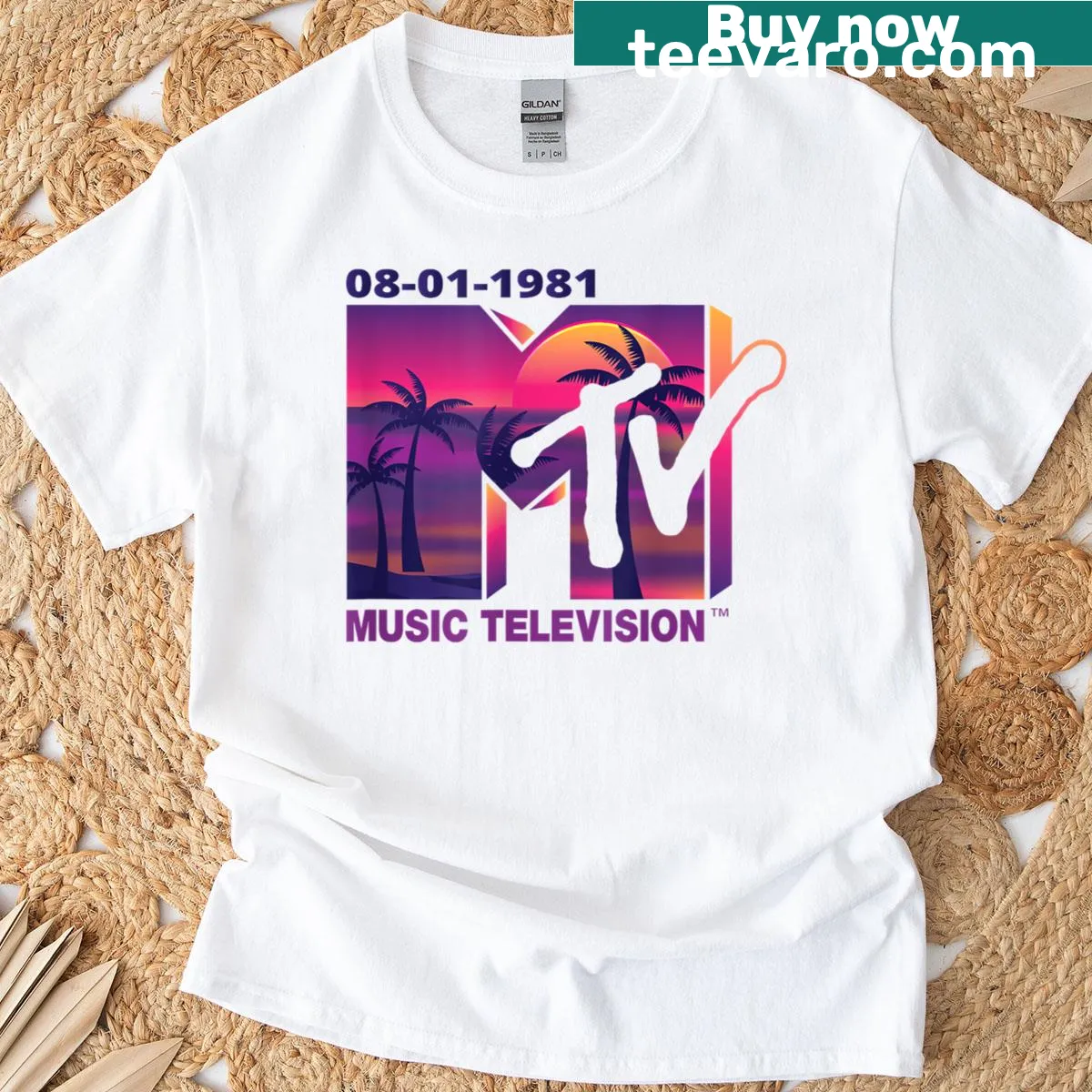Vintage MTV logo with palm trees design on a T-shirt — on a men's t-shirt
