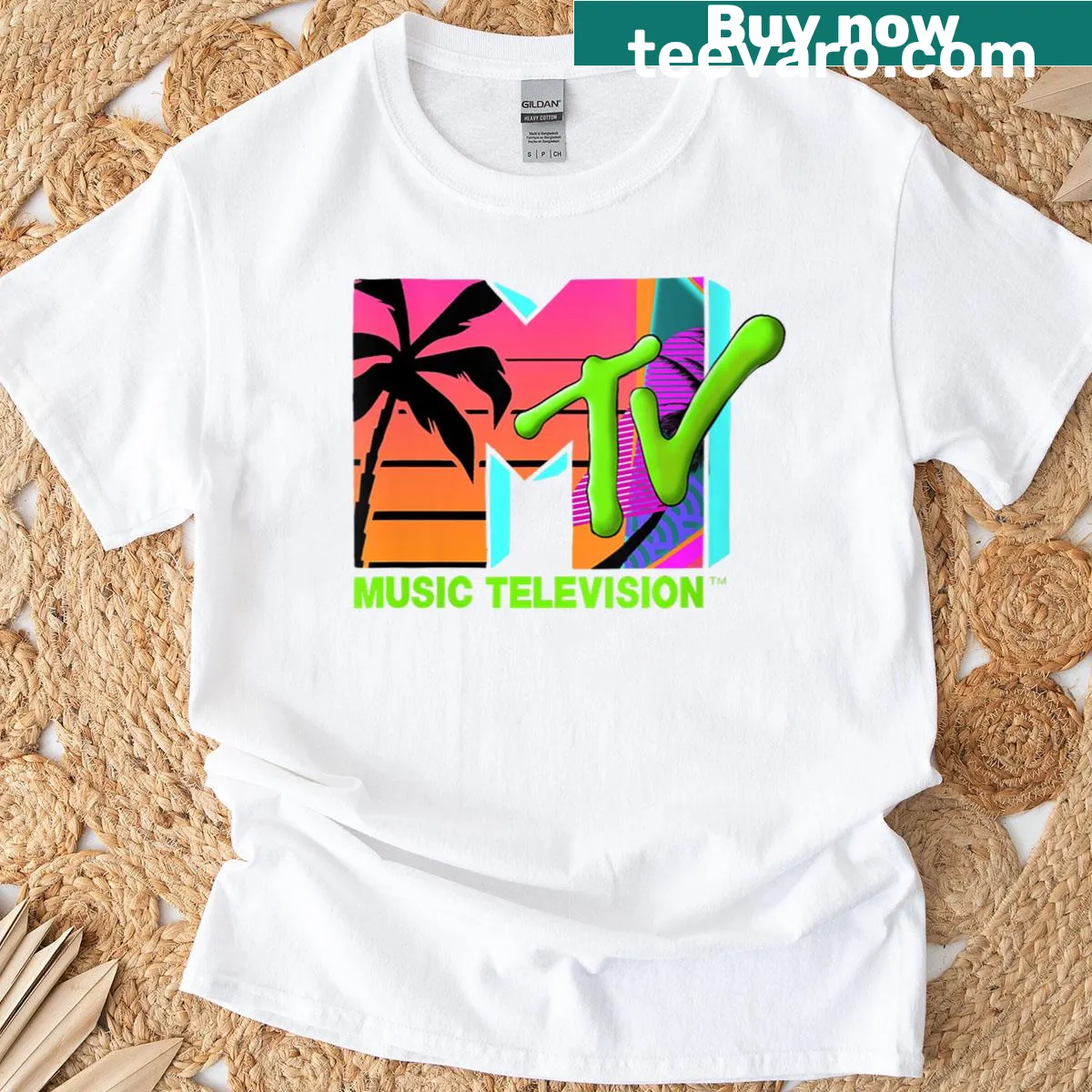 MTV logo t-shirt with retro palms, celebrating music history and nostalgia. — on a men's t-shirt
