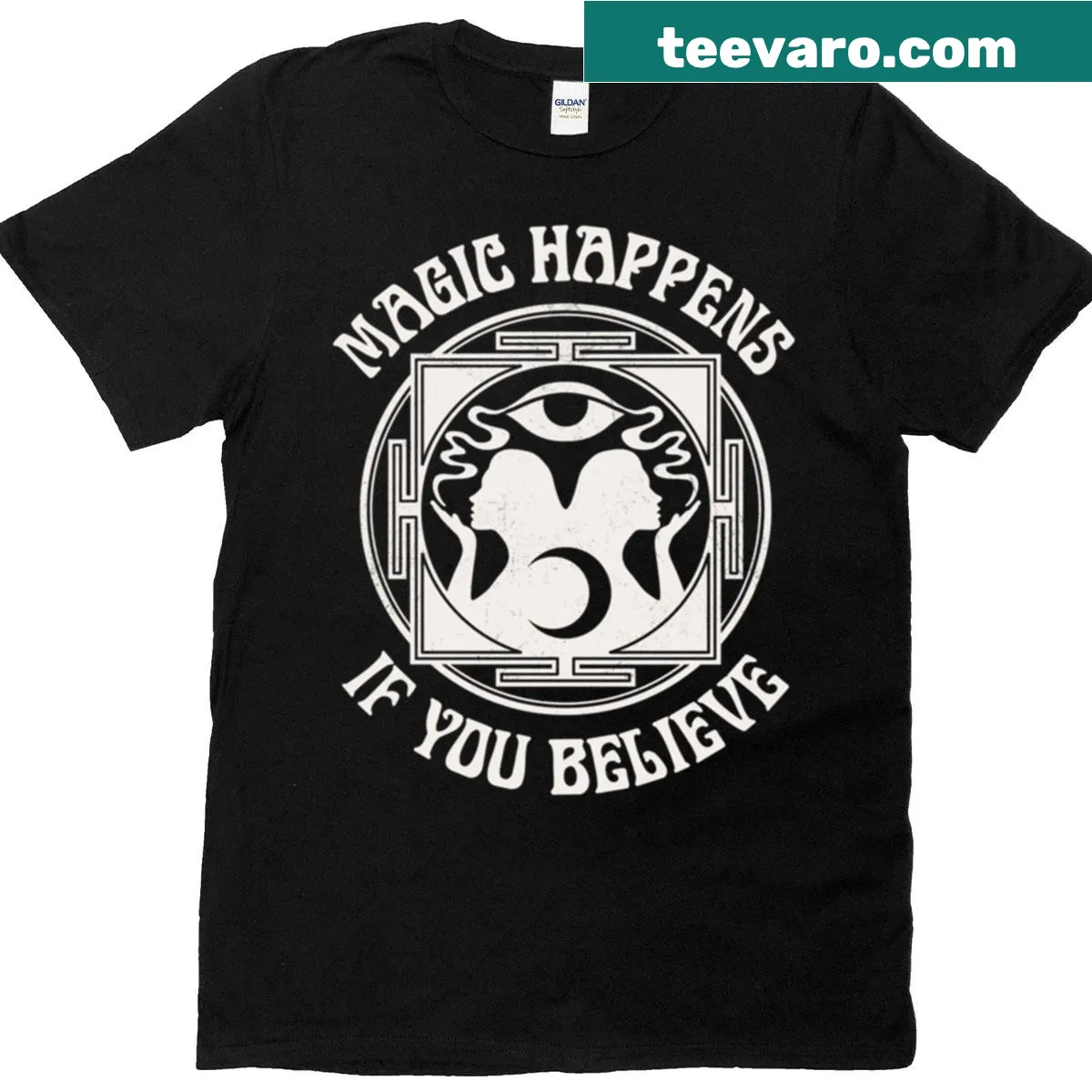 Edgy shirt with 'Magic Happens' text graphic — on a men's t-shirt