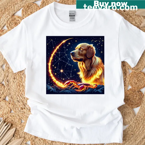 Unique t-shirt featuring a golden retriever with a scorpion tail