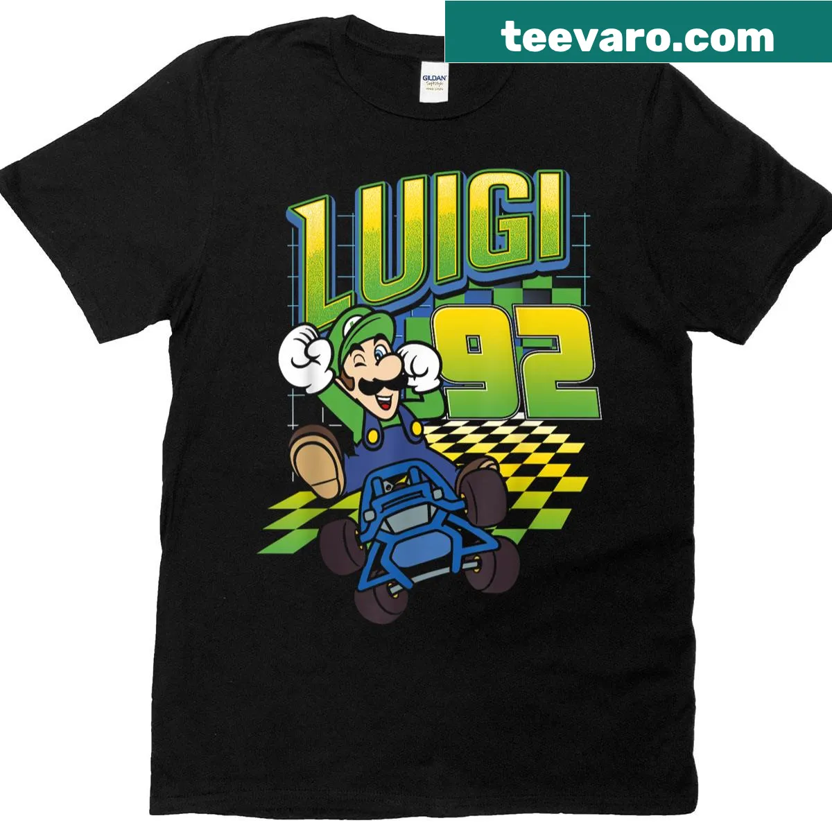Luigi-themed T-shirt with neon checkered logo and number 92 — on a men's t-shirt