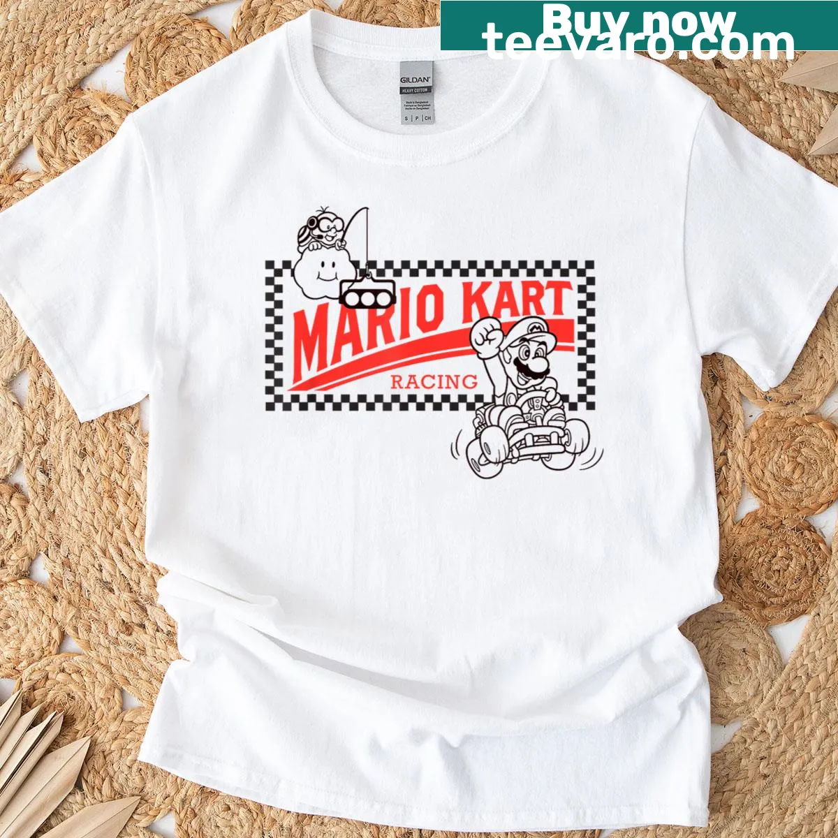 Vintage Mario Kart Racing logo t-shirt with checkerboard frame — on a men's t-shirt