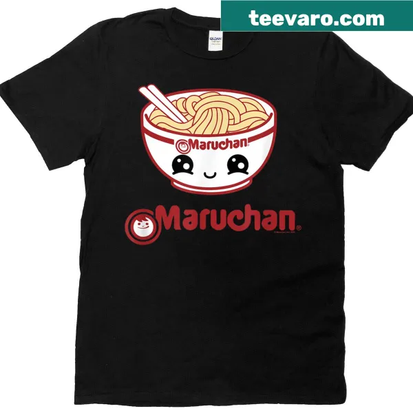 Cute cartoon noodle bowl face graphic on a T-shirt