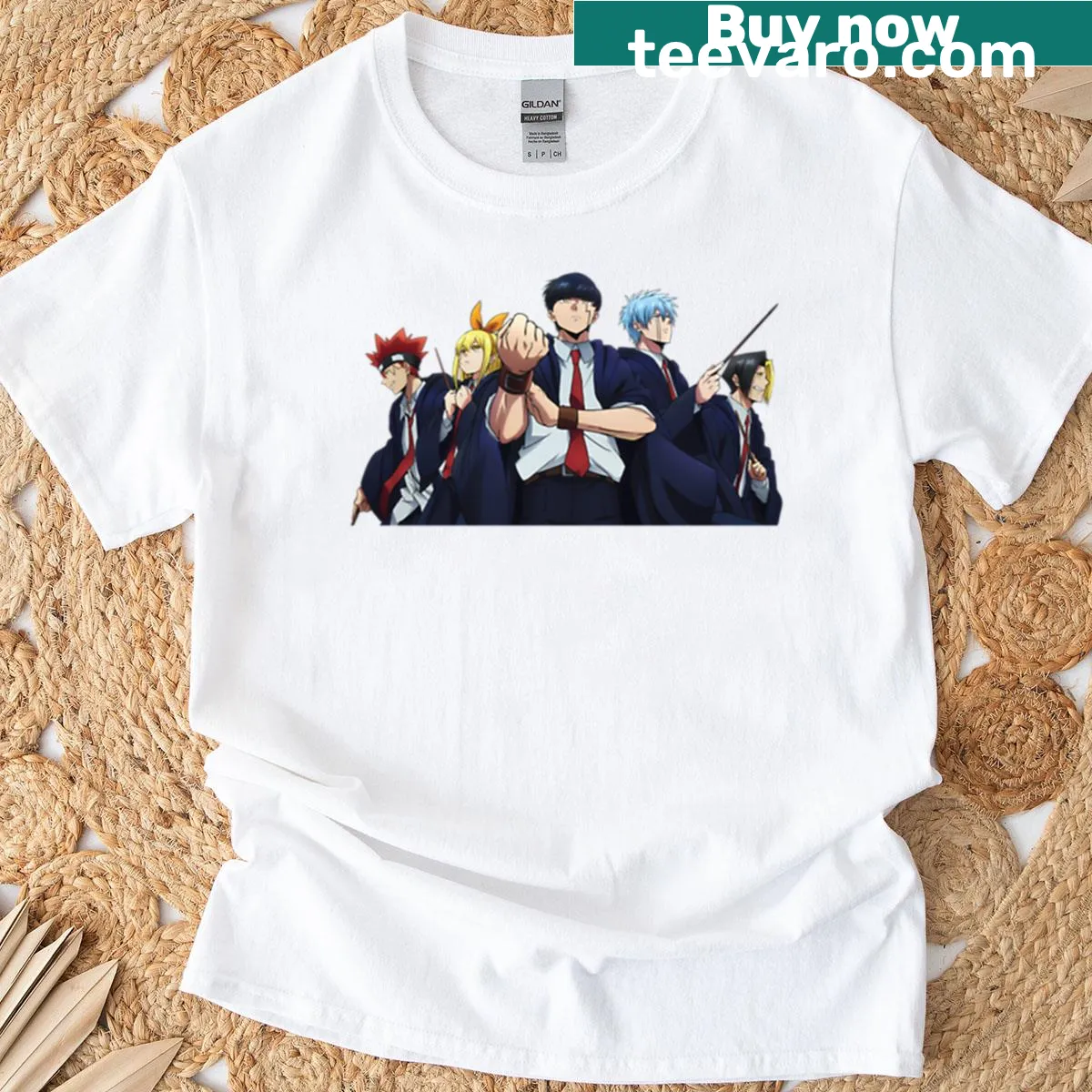Cartoon-style Mashle characters shirt — on a men's t-shirt