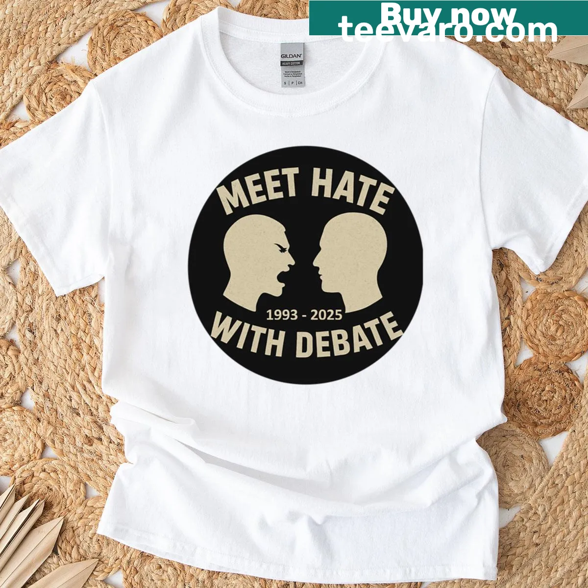 Bold typographic t-shirt promoting debate over hate — on a men's t-shirt