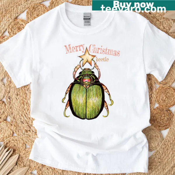 Funny Merry Christmas T-shirt with cartoon beetle design