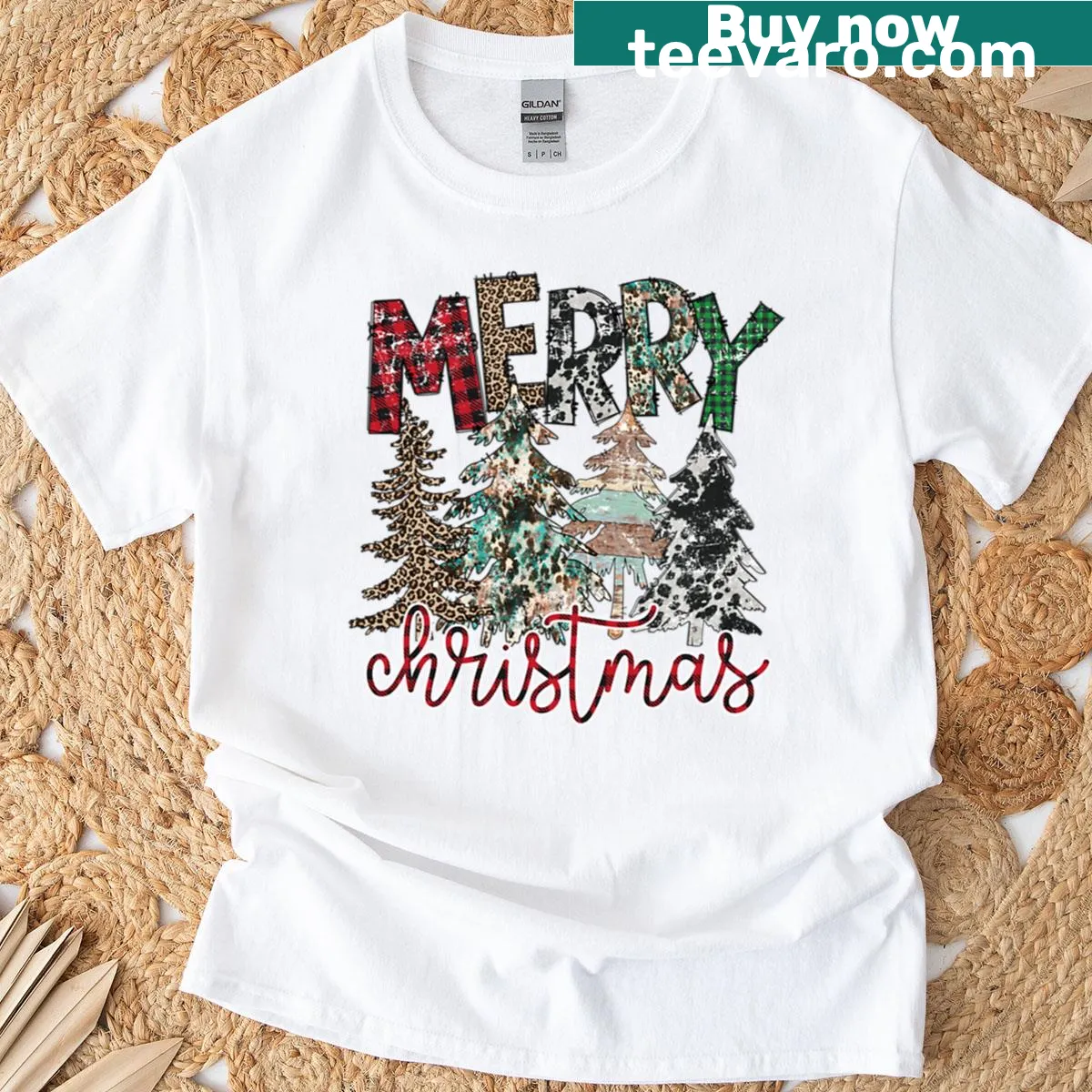 Vintage plaid and leopard Christmas tree shirt — on a men's t-shirt