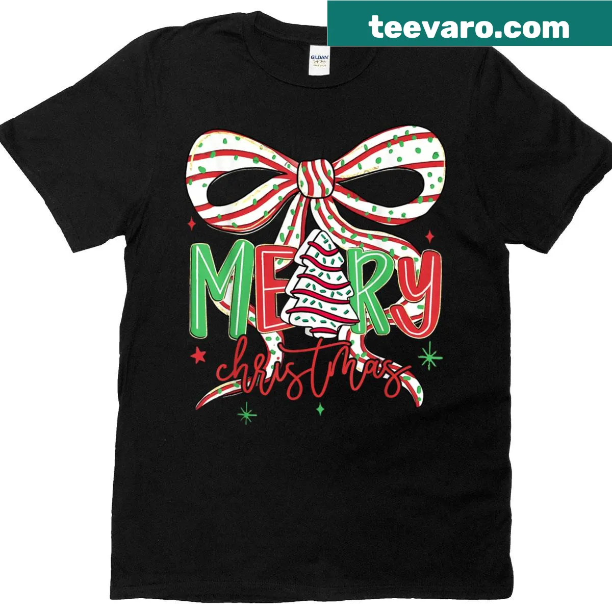 Cute Christmas-themed shirt with bows and trees — on a men's t-shirt