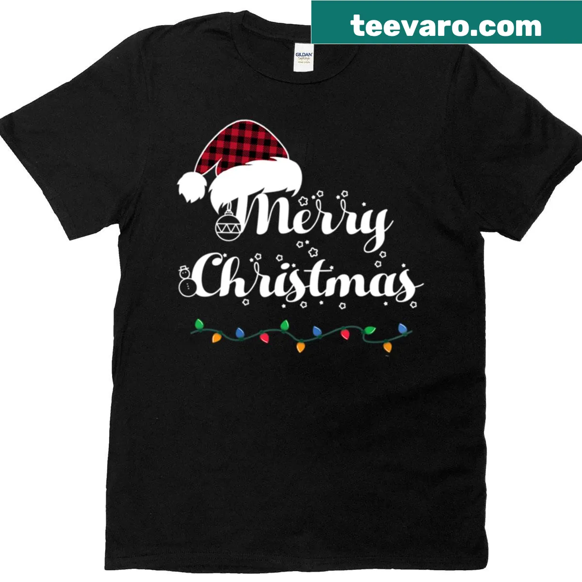 Red plaid Merry Christmas t-shirt with Santa hat and lights illustration — on a men's t-shirt