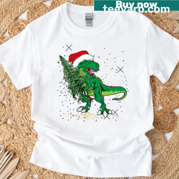 T-shirt featuring a dinosaur celebrating Christmas