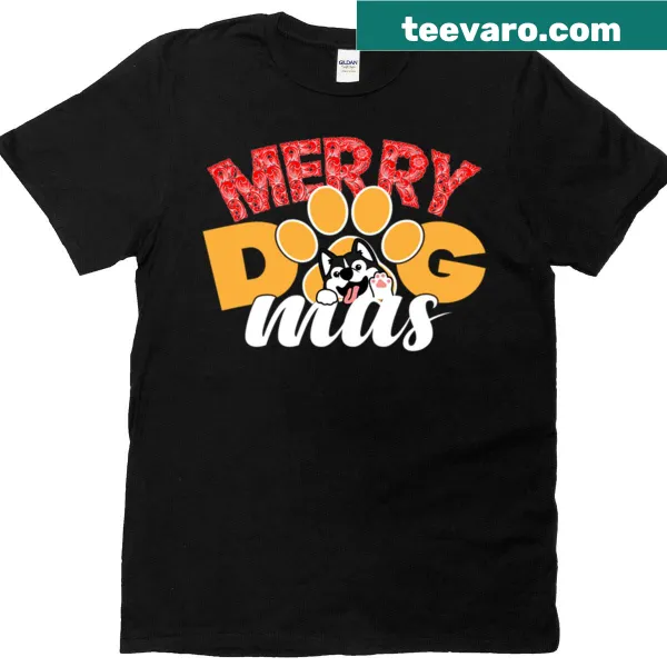 Funny holiday T-shirt with the phrase 'Merry Dogmas'