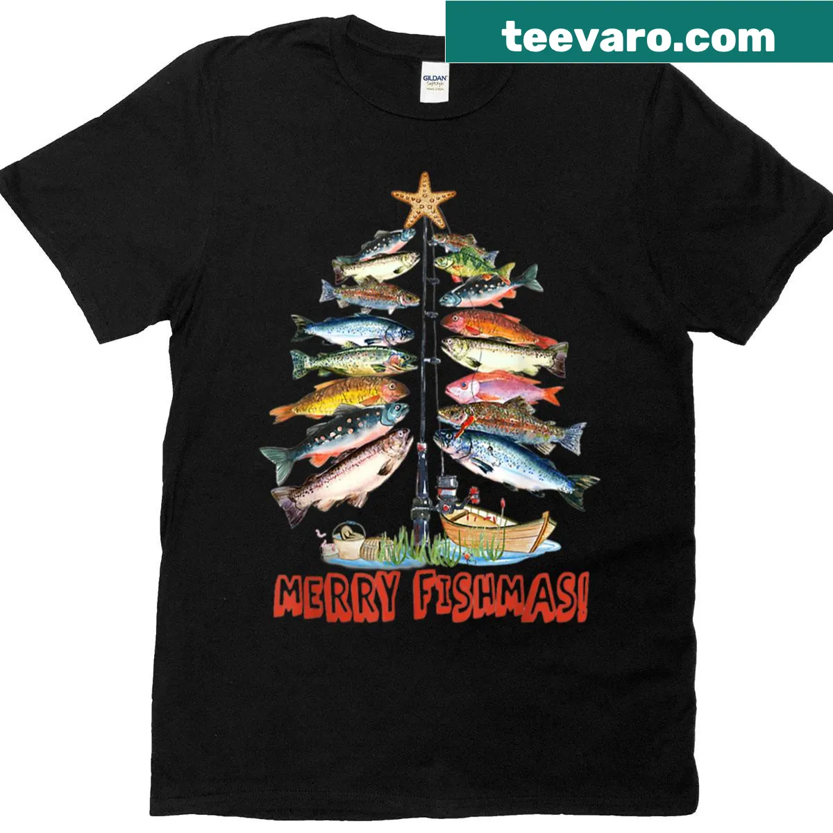 Funny fishing t-shirt with Christmas tree fish illustration — on a men's t-shirt