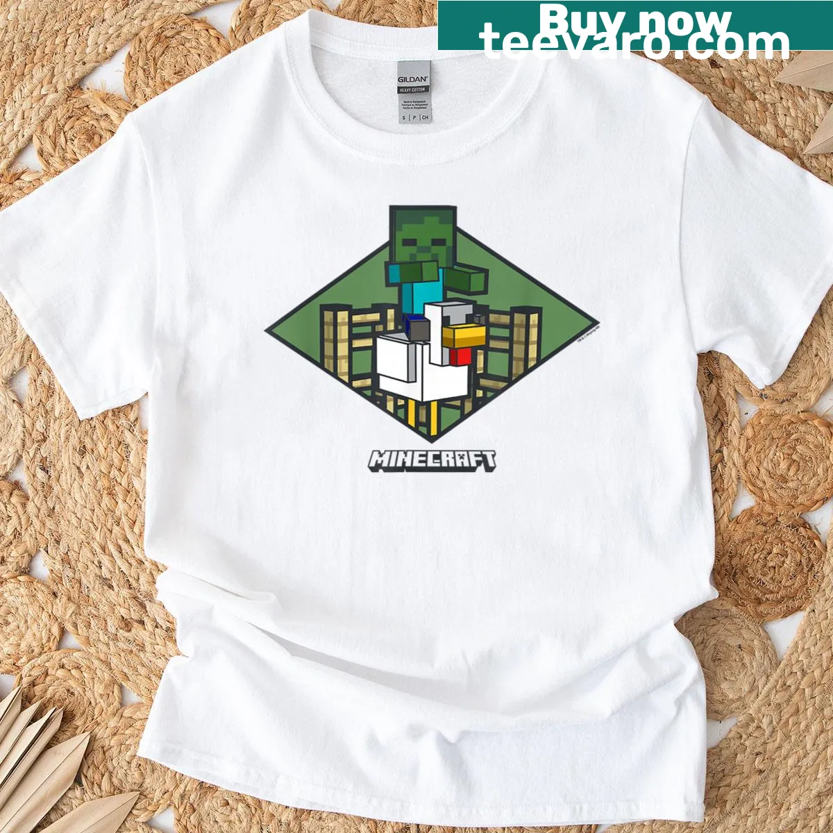 Vintage badge logo of Minecraft's Chicken Jockey on t-shirt — on a men's t-shirt