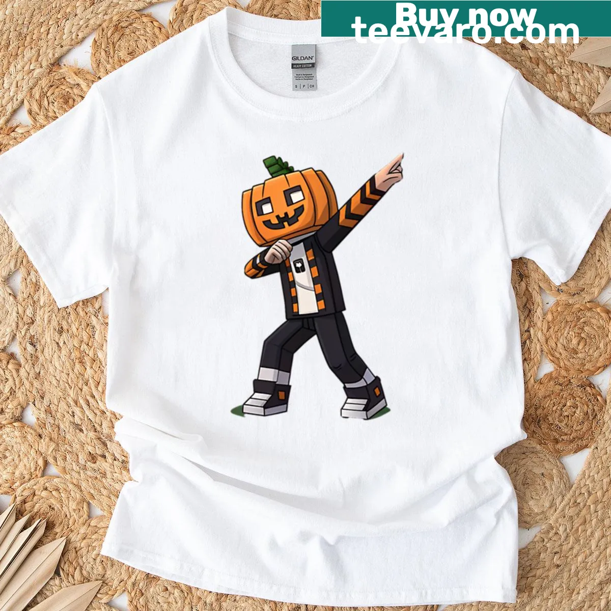 Minecraft themed T-shirt with dancing Jack O' Lantern — on a men's t-shirt