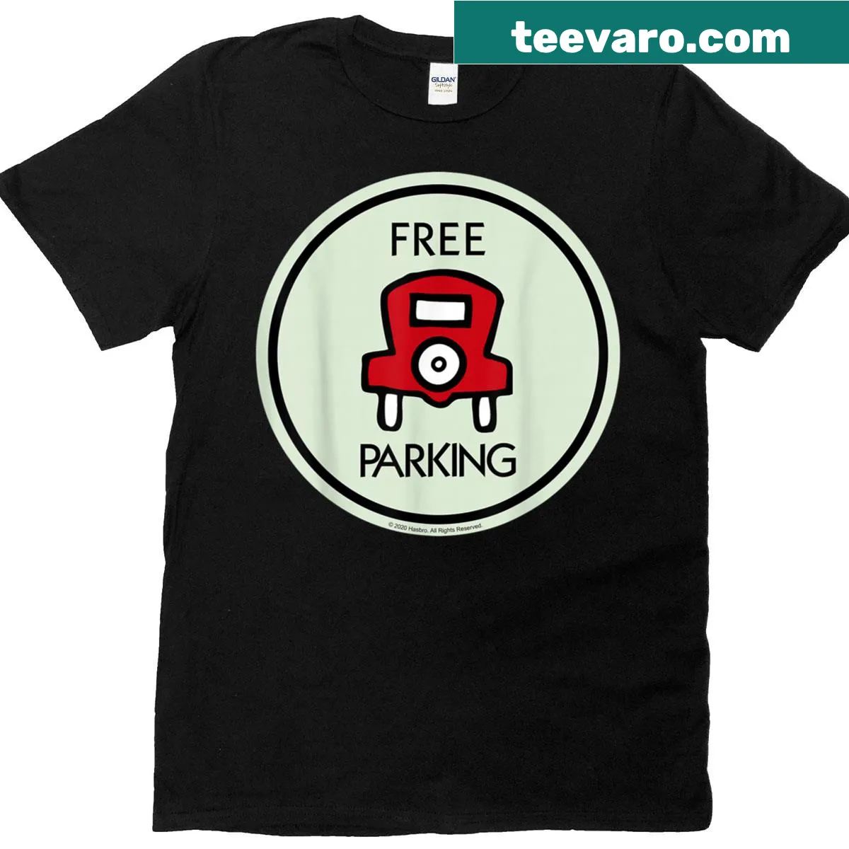 Vintage logo graphic T-shirt featuring Monopoly Free Parking — on a men's t-shirt