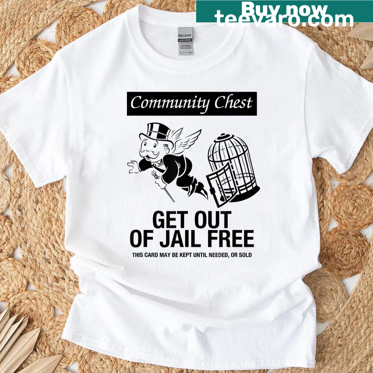 Get Out Of Jail Free card design from Monopoly on a T-shirt — on a men's t-shirt