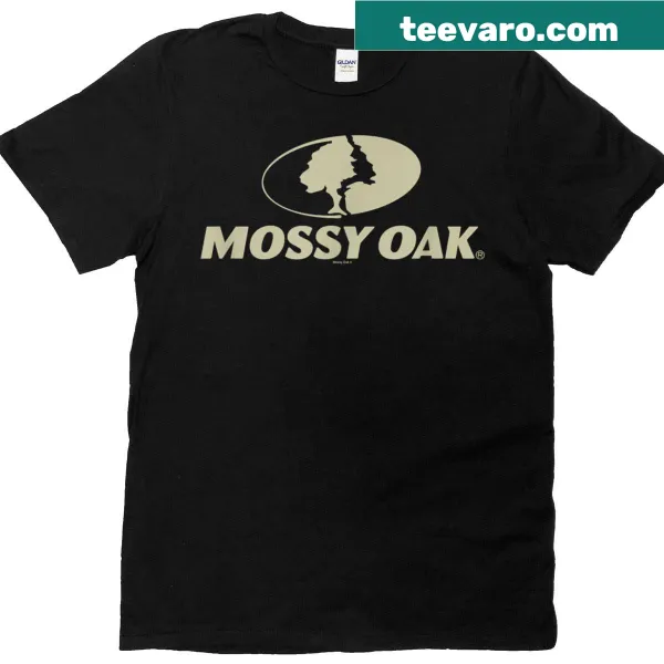 Mossy Oak T-shirt with a large tan logo emblem for outdoor enthusiasts