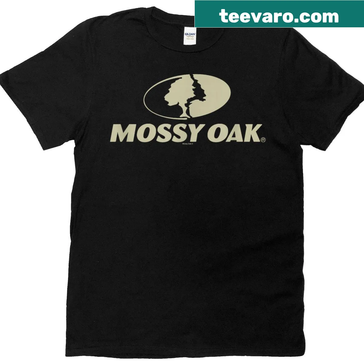 Mossy Oak T-shirt with a large tan logo emblem for outdoor enthusiasts — on a men's t-shirt