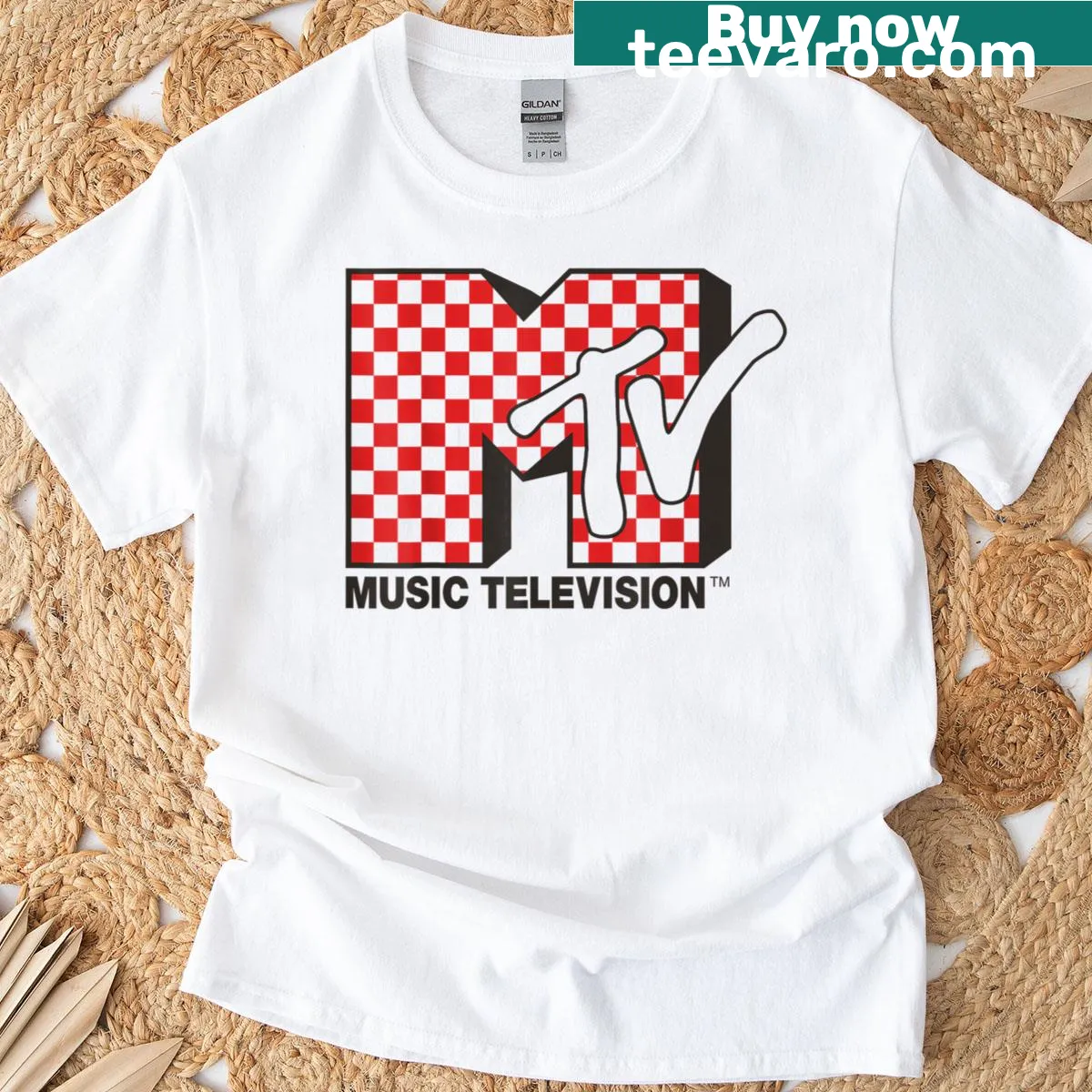 MTV logo t-shirt with a red checkered print design — on a men's t-shirt