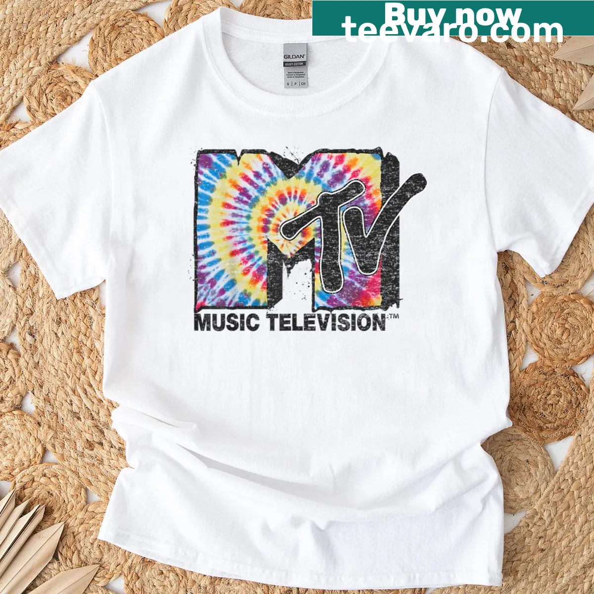 MTV tie-dye t-shirt featuring the iconic spiral logo — on a men's t-shirt